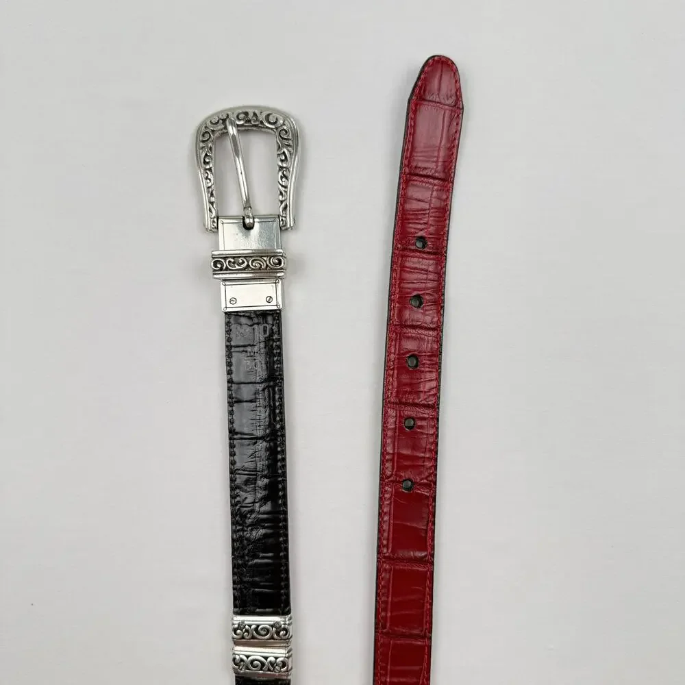 Brighton Reversible Leather Belt Red Black Croc M 30 Western Silver Tone Buckle